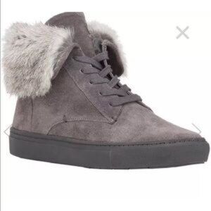 Womens Vince Nyack Gray Suede Rabbit Fur Ankle Sneaker Booties 8